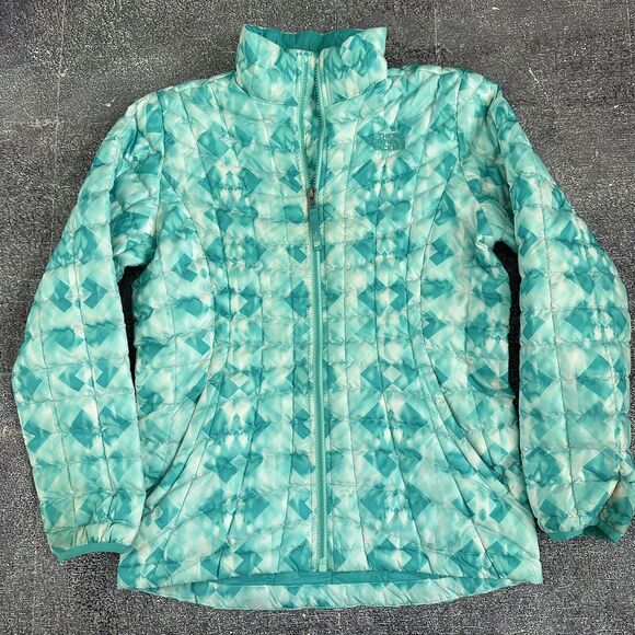 Girl's The North Face Thermoball Teal White Full Zip Up Puffer Coat Jacket Sz L